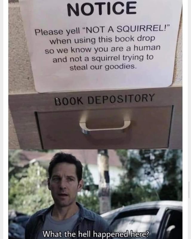 Notice. Please yell "Not a squirrel!" when using this book drop so we know you are a human and not a squirrel trying to steal our goodies. Book depository.  What the hell happened here?