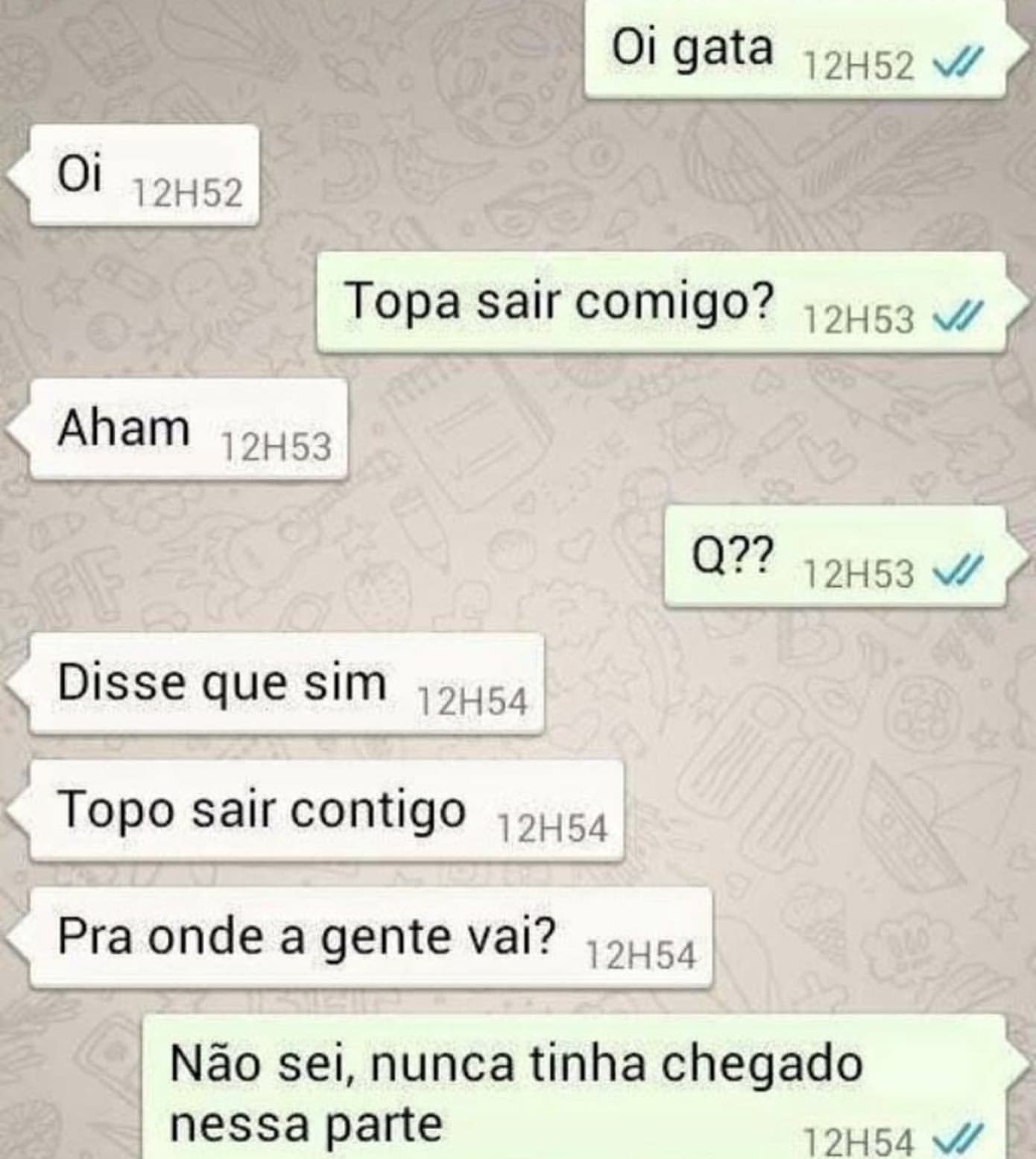 Oi gata.  Oi.  Topa sair comigo?.  Aham.  Q??  Disse que sim. Topo sair contigo. Pra onde a gente vai?  Não sei, nunca tinha chegado nessa parte.