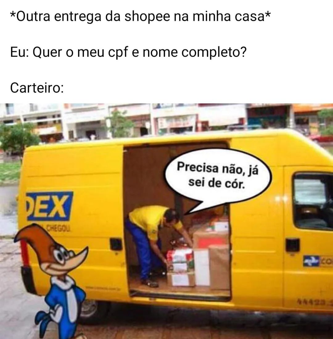 *Outra entrega da shopee na minha casa* Eu: Quer o meu cpf e nome completo? Carteiro: Precisa não, já sei de cór.