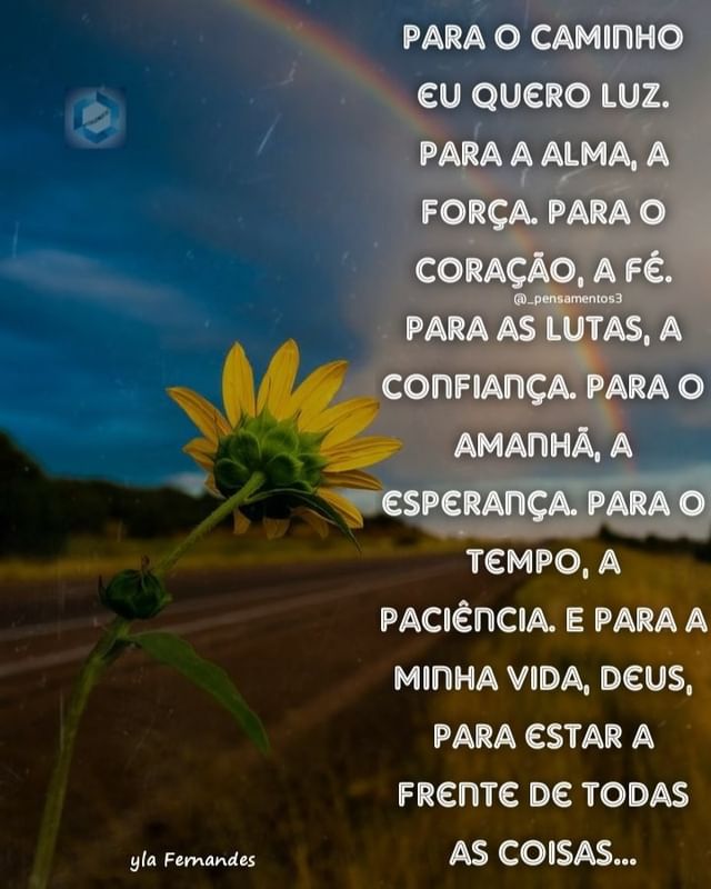 Para o caminho eu quero luz. Para a alma, a força. Para o coração, a fé. Para as lutas, a confiança. Para o amanhã, a esperança. Para o tempo, a paciência. E para a minha vida, Deus, para estar a frente de todas as coisas...