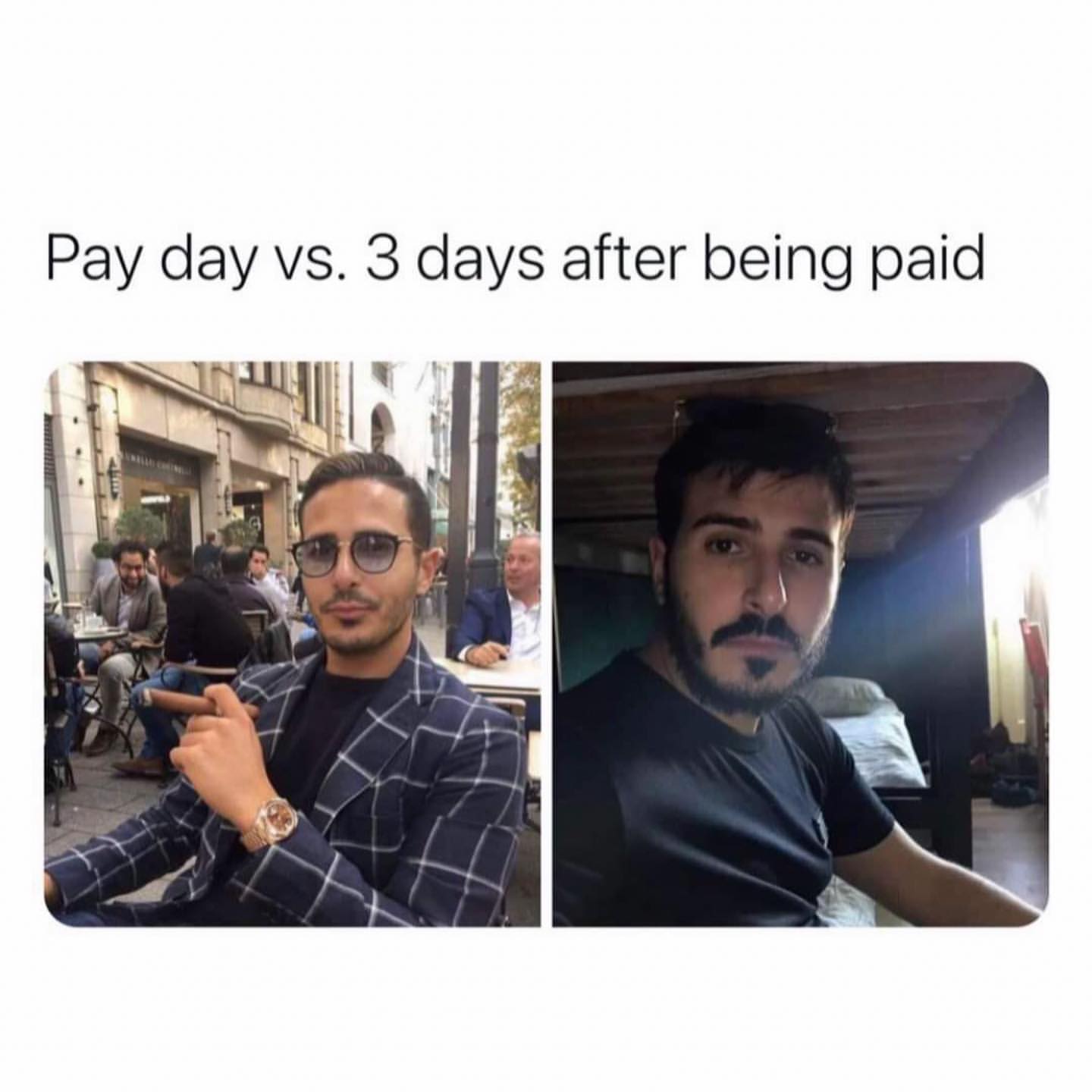 Pay day vs. 3 days after being paid.