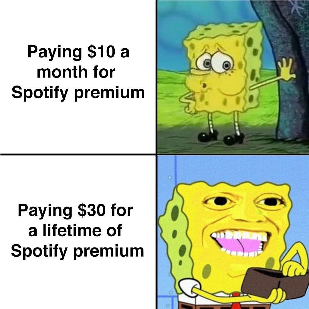 Paying $10 a month for Spotify premium.  Paying $30 for a lifetime of Spotify premium.