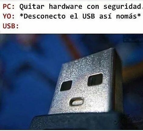 PC: Quitar hardware con seguridad.  Yo: *Desconecto el USB así nomás*.  USB: