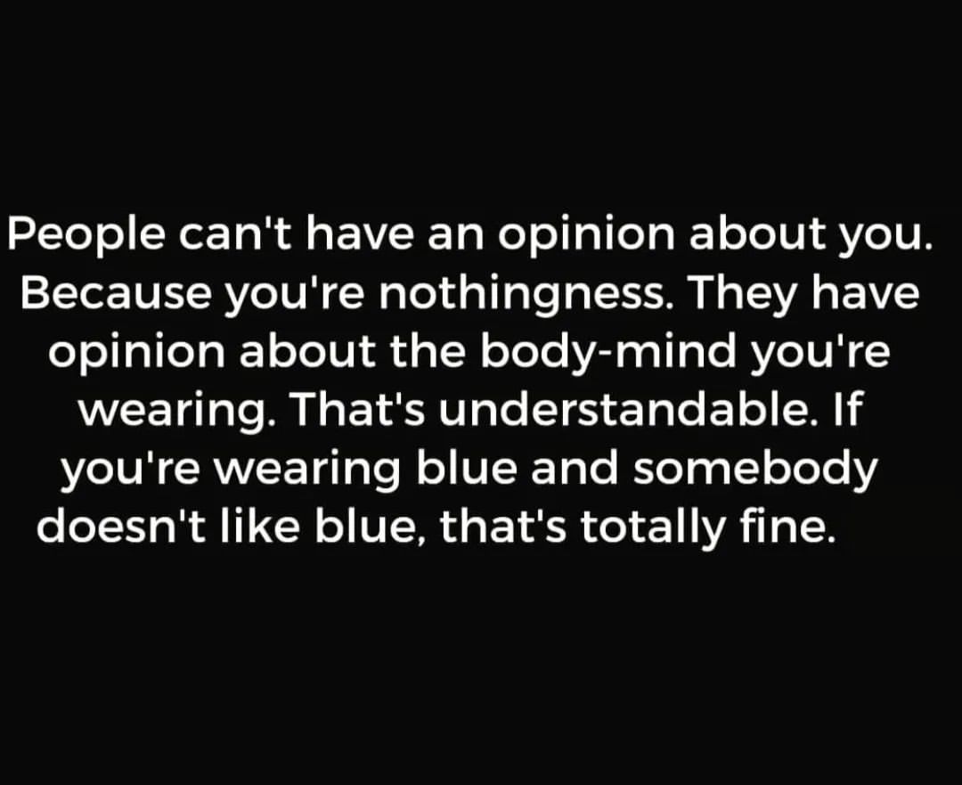 People can't have an opinion about you. Because you're nothingness. They have opinion about the body-mind you're wearing. That's understandable. If you're wearing blue and somebody doesn't like blue, that's totally fine.