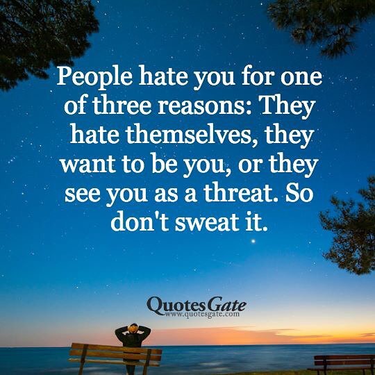 People hate you for one of three reasons: They hate themselves, they want to be you, or they see you as a threat. So don't sweat it.