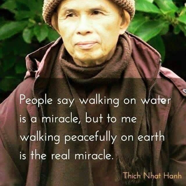 People say walking on water is a miracle; but to me walking peacefully on earth is the real miracle.