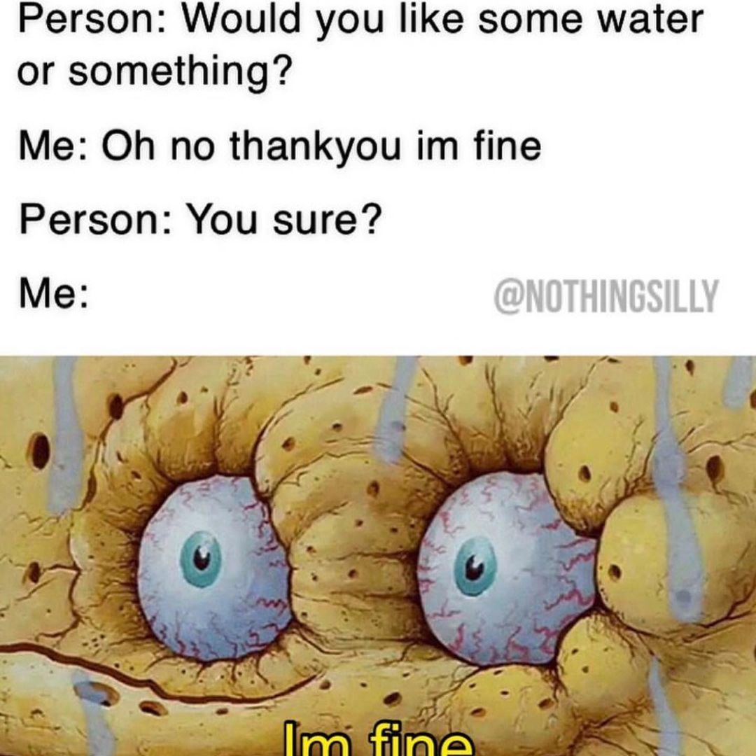 Person: Would you like some water or something?  Me: Oh no thank you Im fine.  Person: You sure?  Me: Im fine.