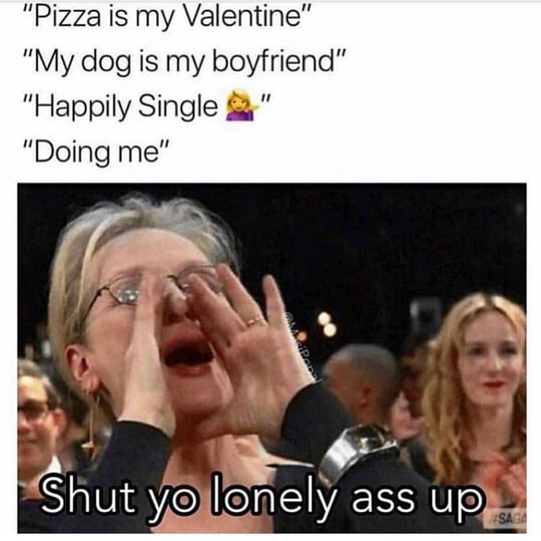 "Pizza is my Valentine" "My dog is my boyfriend" "Happily Single" "Doing me".  Shut yo lonely ass up.