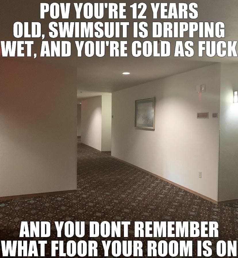 Pov you're 12 years old, swimsuit is dripping wet, and you're as fuck and you don't remember what floor your room is on.