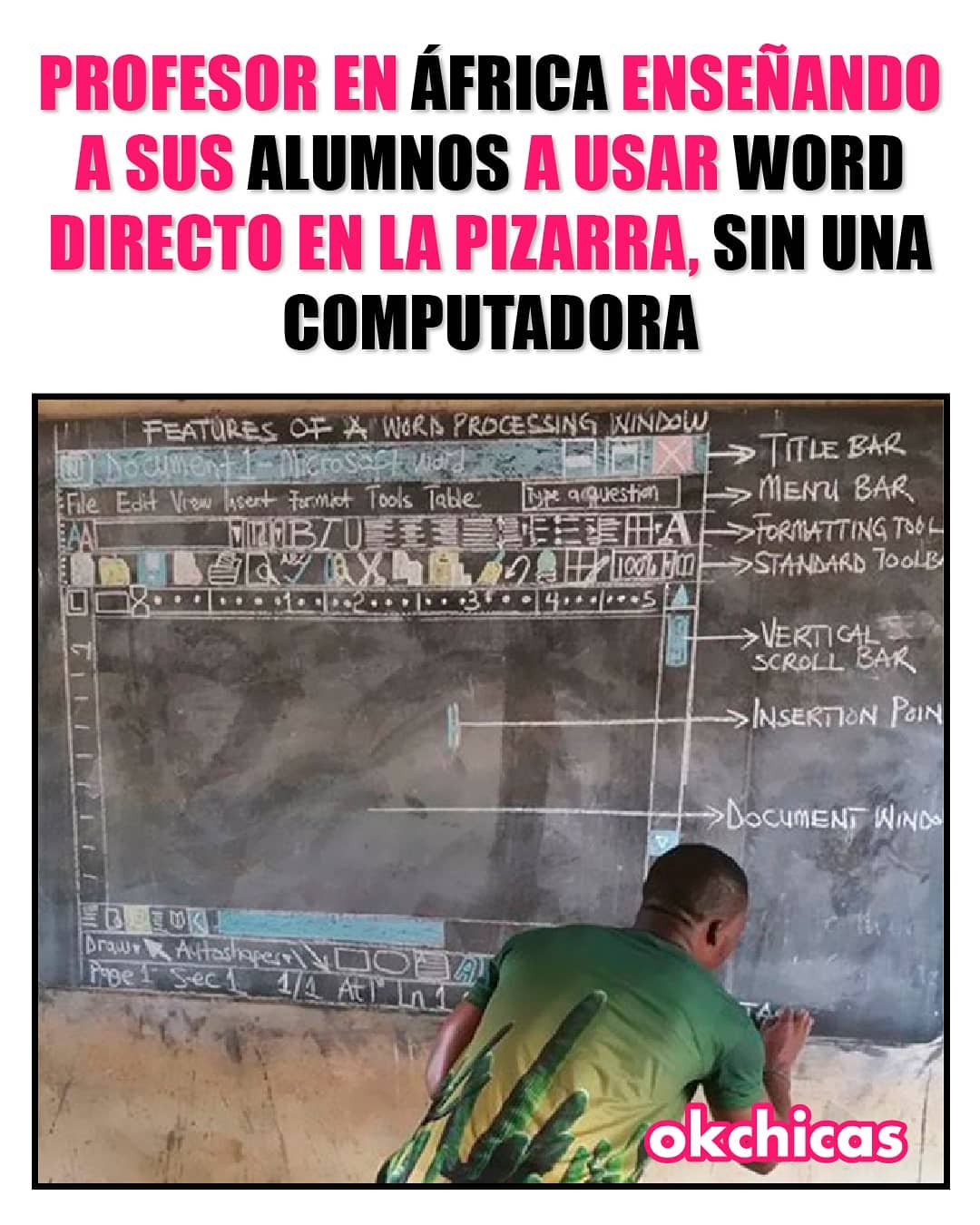 Profesor en África enseñando a sus alumnos a usar Word directo en la pizarra, sin una computadora.