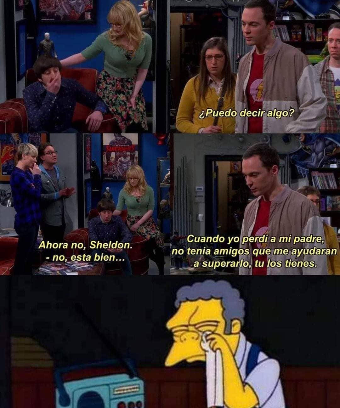 ¿Puedo decir algo?  Ahora no Sheldon. No está bien.  Cuando yo perdí a mi padre, no tenía amigos que me ayudaran a superarlo. Tú los tienes.