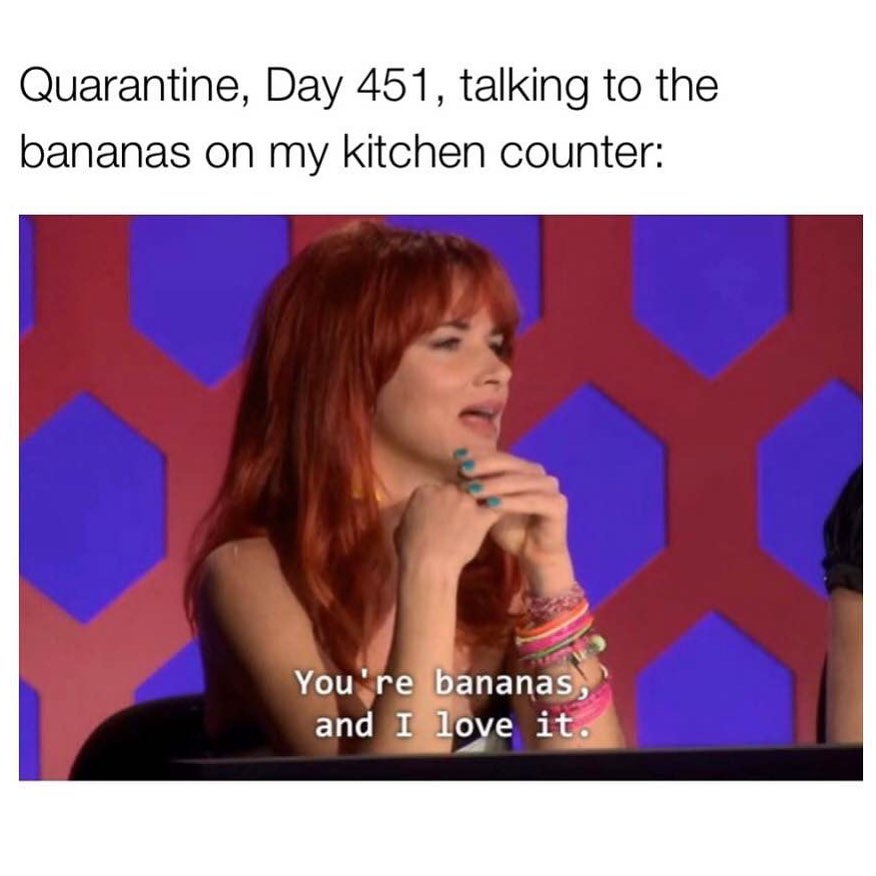 Quarantine, Day 451, talking to the bananas on my kitchen counter: You're bananas and I love it.
