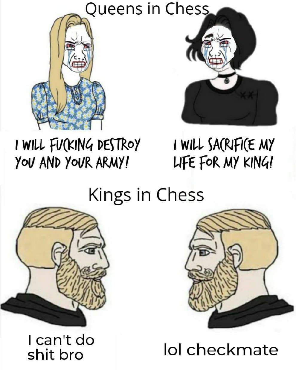 Queens in Chess I will fucking destroy you and your army. I will sacrifice my life for my King! Kings in Chess I can't do shit bro lol checkmate.