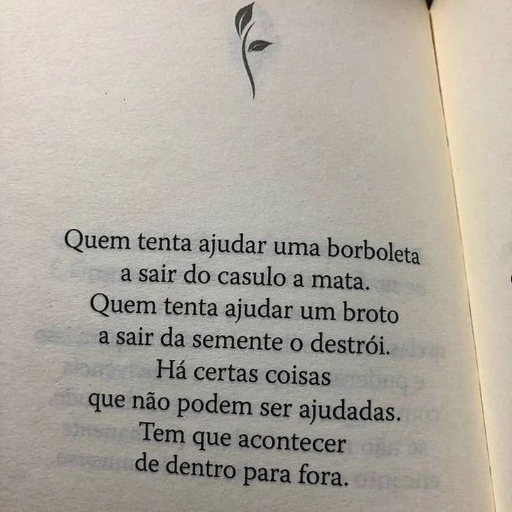 Quem tenta ajudar uma borboleta a sair do casulo a mata. Quem tenta ajudar um broto a sair da semente o destrói. Há certas coisas que não podem ser ajudadas. Tem que acontecer de dentro para fora.