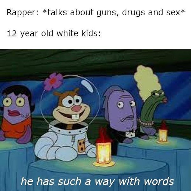 Rapper: *talks about guns, drugs and sex*  12 year old white kids: he has such a way with words.