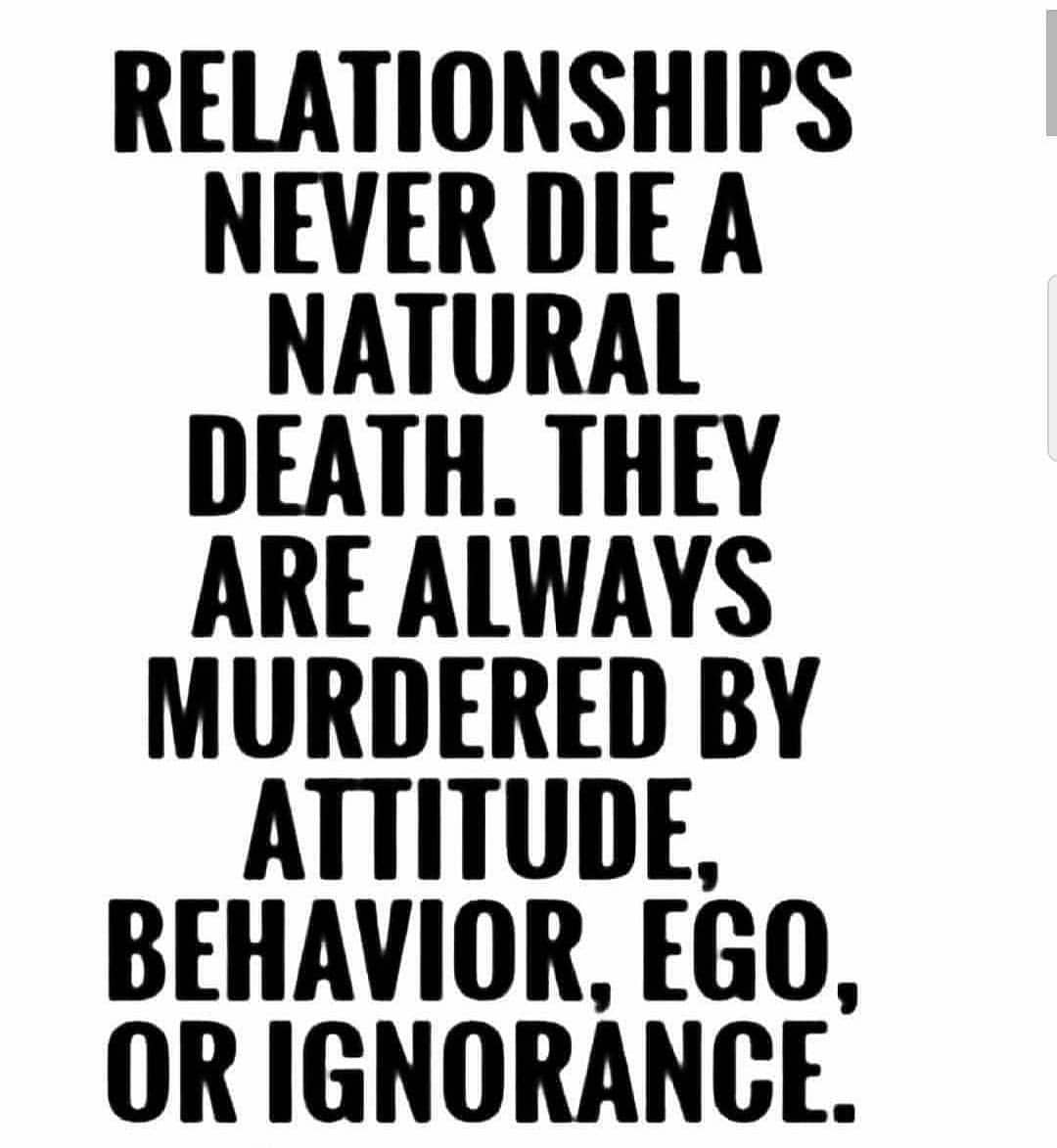 Relationships never die a natural death. They are always murdered by attitude, behavior, ego, or ignorance.