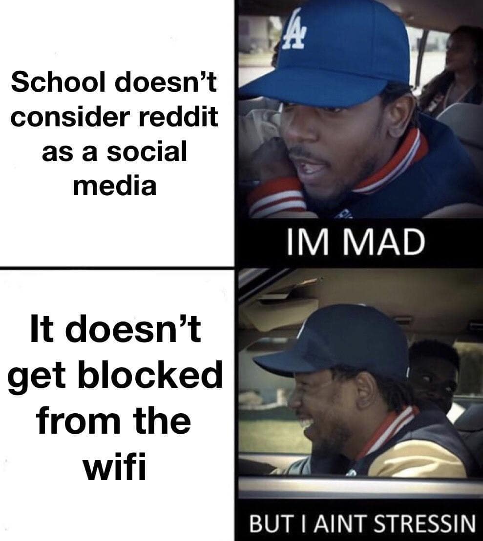 School doesn't consider reddit as a social media. Im mad.  It doesn't get blocked from the wifi: But I aint stressing.