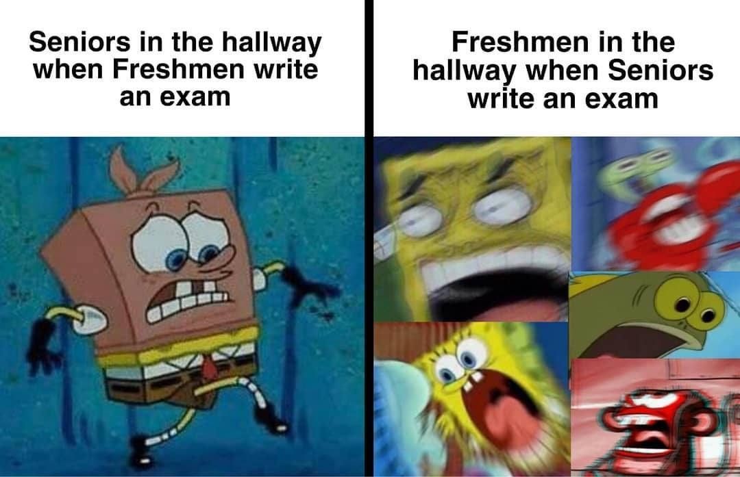 Seniors in the hallway when Freshmen write an exam.  Freshmen in the hallway when Seniors write an exam.