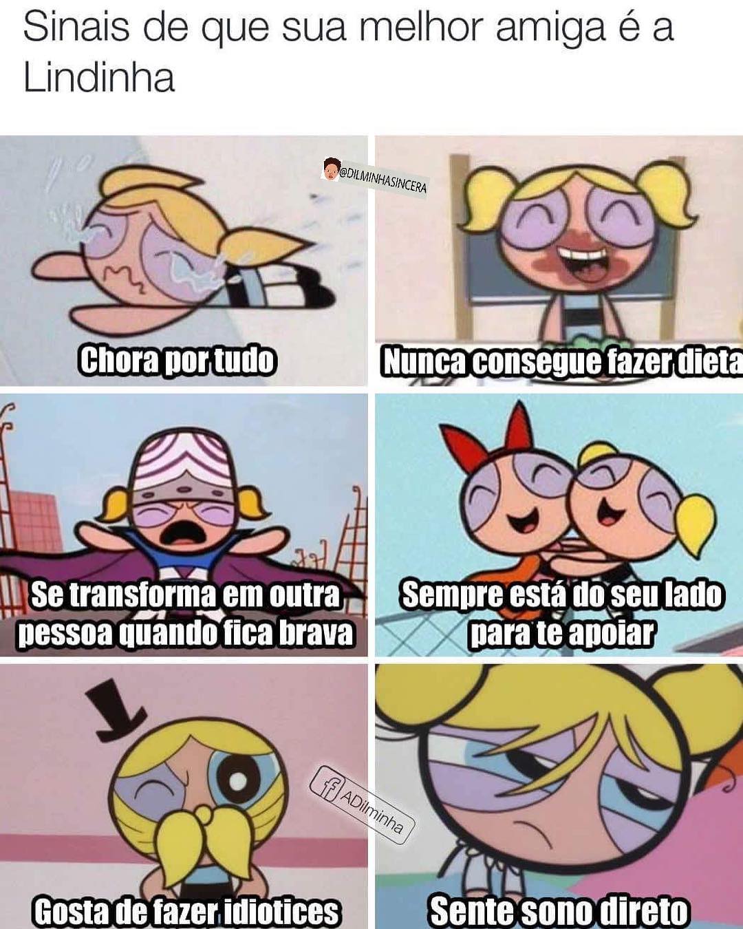 Sinais de que sua melhor amiga é a Lindinha. Chora por tudo. Nunca consegue fazer dieta. Se transforma em outra pessoa quando fica brava. Sempre está do seu lado para te apoiar. Gosta de fazer idiotices. Sente sono direto.