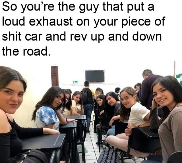 So you're the guy that put a loud exhaust on your piece of shit car and rev up and down the road.