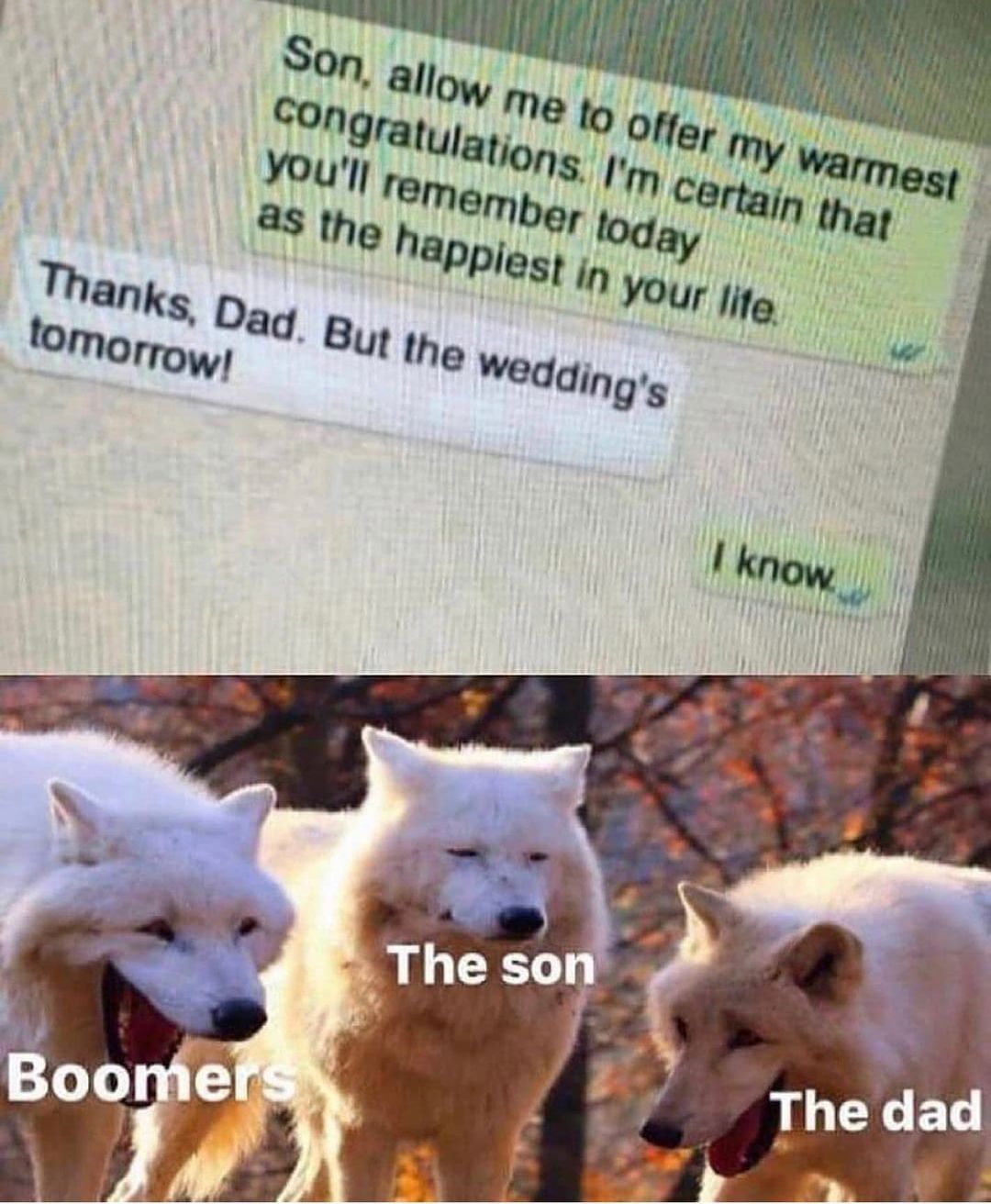Son, allow me to offer my warmest congratulations. I'm certain that you'll remember today as the happiest in your life.  Thanks, Dad. But the wedding's tomorrow!  I know.  The son. Boomers. The dad.