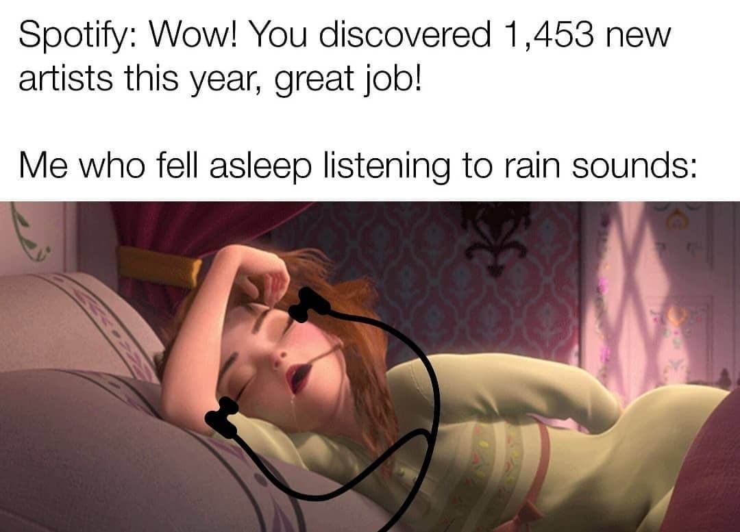 Spotify: Wow! You discovered 1,453 new artists this year, great job!  Me who fell asleep listening to rain sounds: