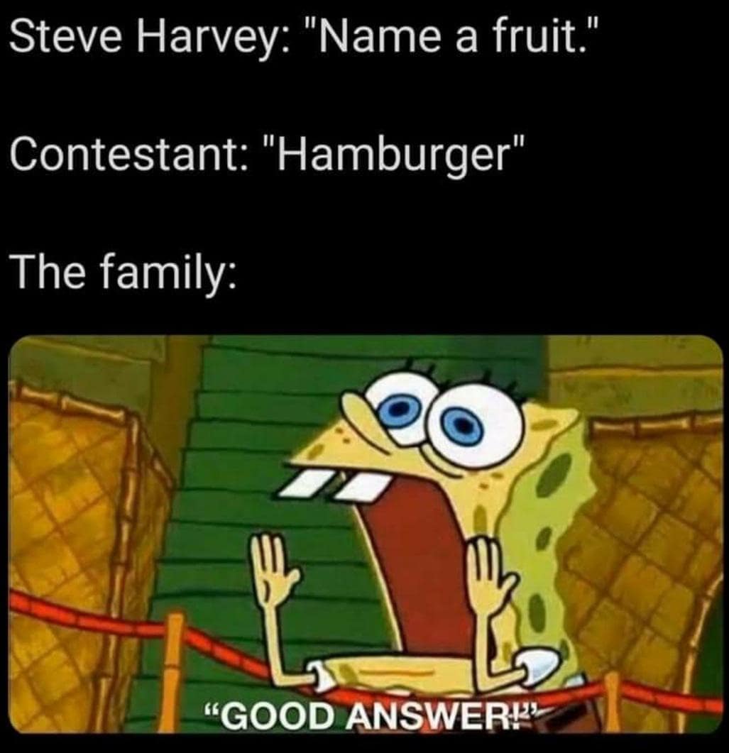 Steve Harvey: "Name a fruit." Contestant: "Hamburger" The family: "Good answer".