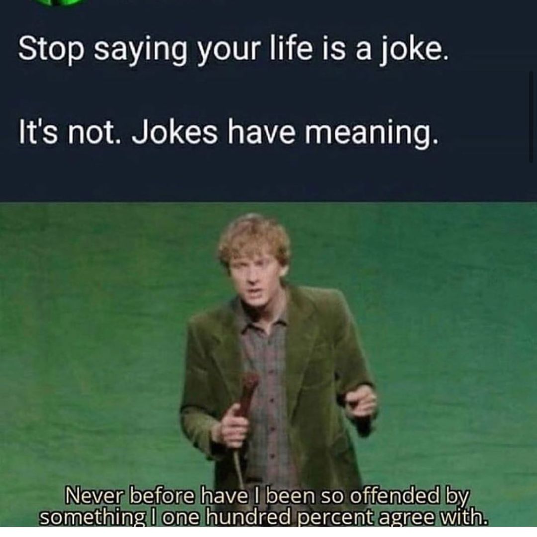 Stop saying your life is a joke.  It's not. Jokes have meaning.  Never before have I been so offended by something I one hundred percent agree with.