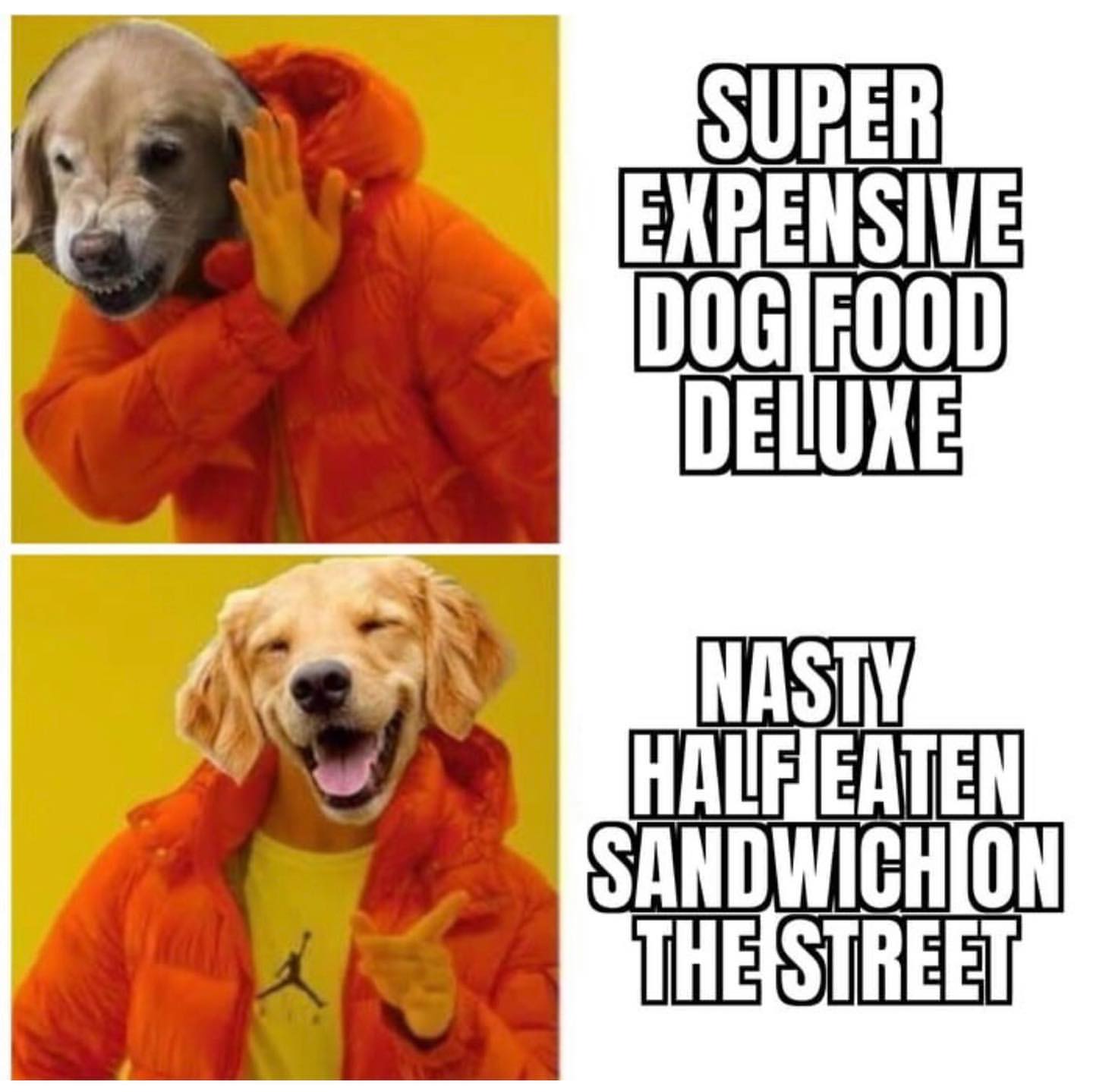 Super expensive dog food deluxe. Nasty half eaten sandwich the street.