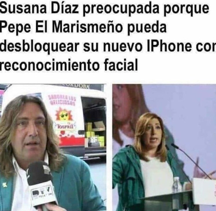 Susana Díaz preocupada porque Pepe El Marismeño pueda desbloquear su nuevo IPhone con reconocimiento facial.