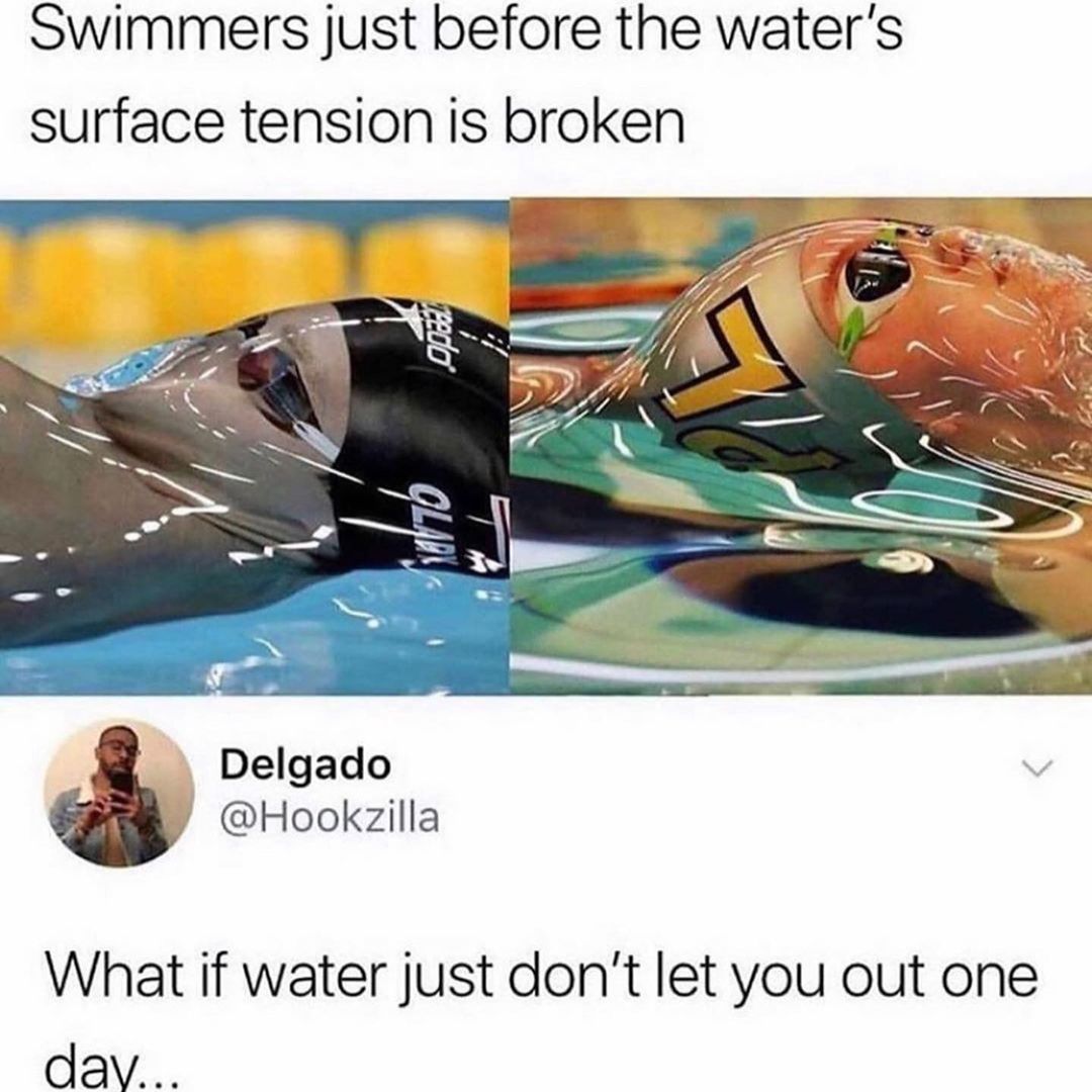 Swimmers just before the water's surface tension is broken. What if water just don't let you out one day.