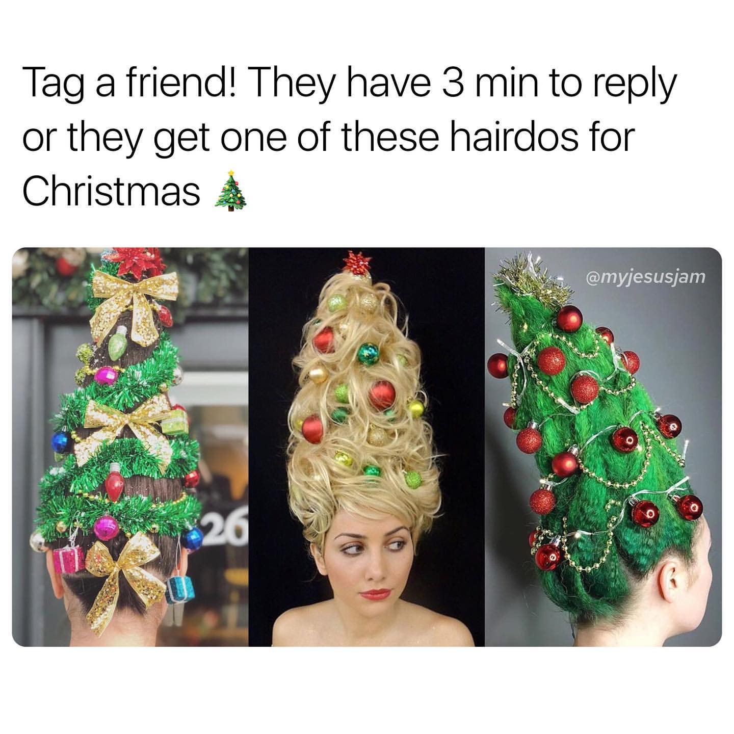 Tag a friend! They have 3 min to reply or they get one of these hairdos for Christmas.