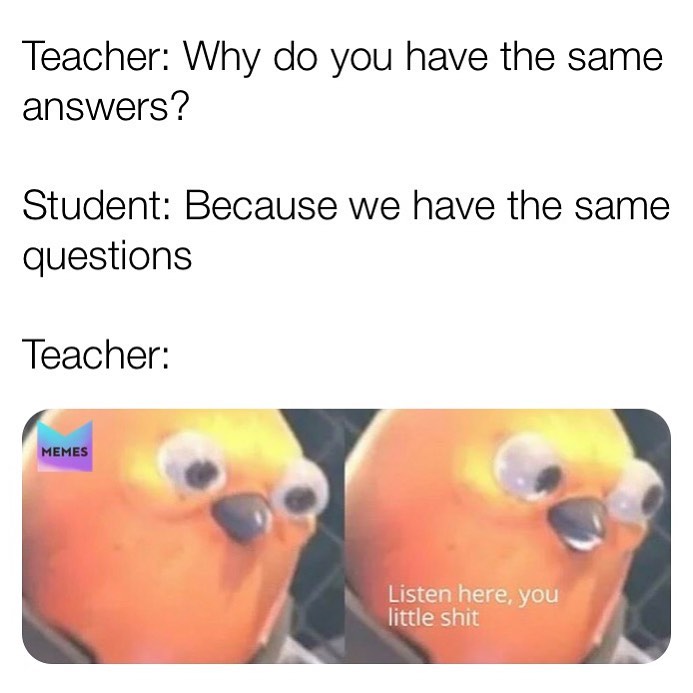 Teacher: Why do you have the same answers?  Student: Because we have the same questions.  Teacher: Listen here, you little shit.