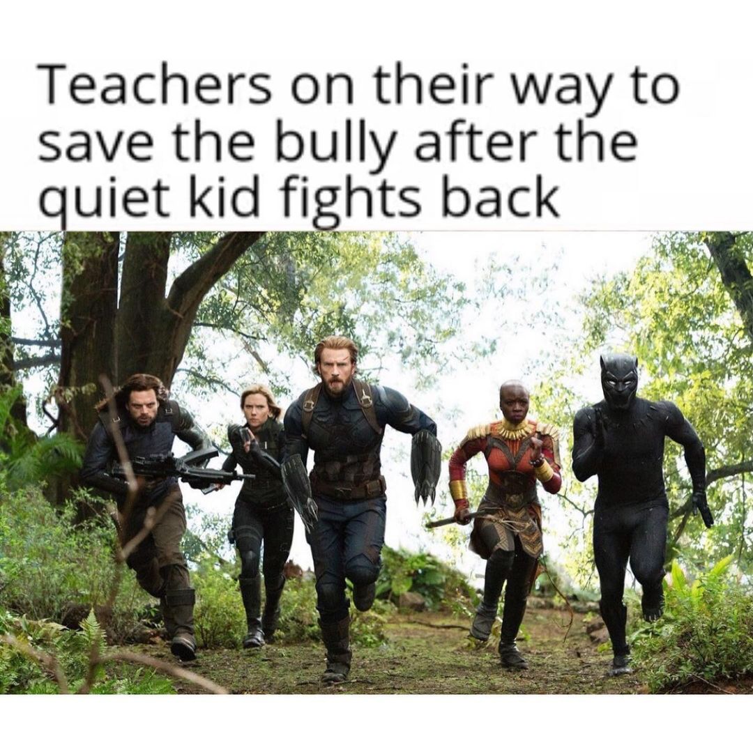 Teachers on their way to save the bully after the quiet kid fights back.