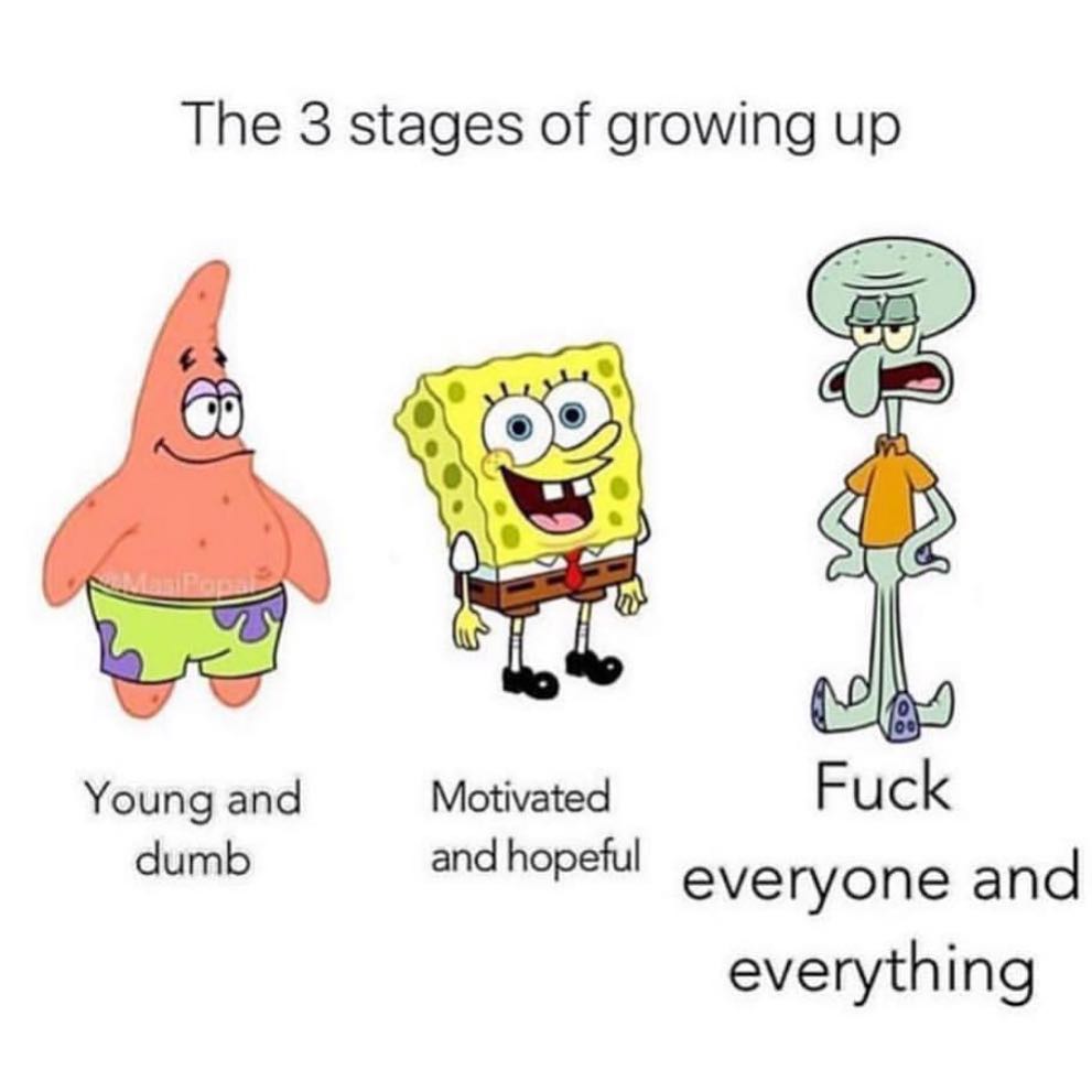 The 3 stages of growing up.  Young and dumb. Motivated and hopeful. Fuck everyone and everything.