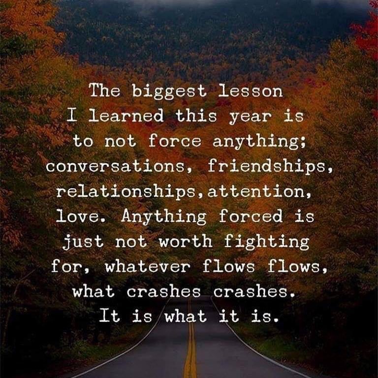 The biggest lesson I learned this year is to not force anything: conversations, friendships, relationships, attention, love. Anything forced is just not worth fighting for, whatever flows flows, what crashes crashes. It is what it is.