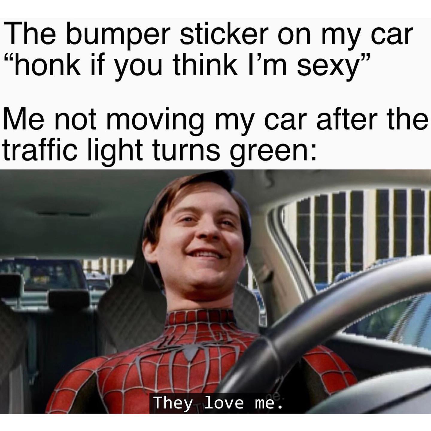 The bumper sticker on my car "honk if you think I'm sexy" Me not moving my car after the traffic light turns green: They love me.