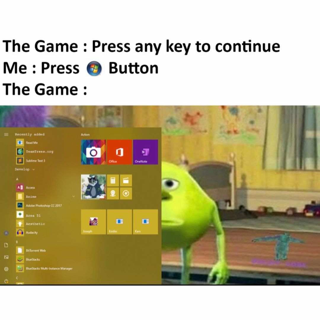 The Game: Press any key to continue.  Me: Press Button.  The Game: