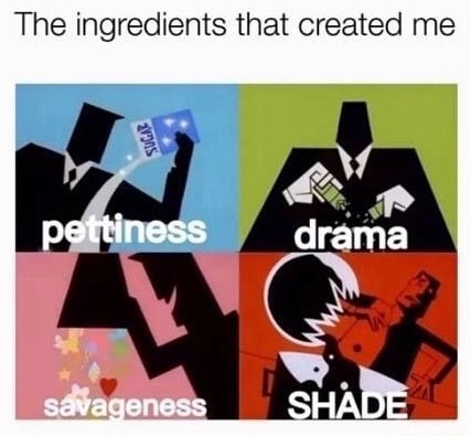 The ingredients that created me.  Pettiness. Drama. Savageness. Shade.