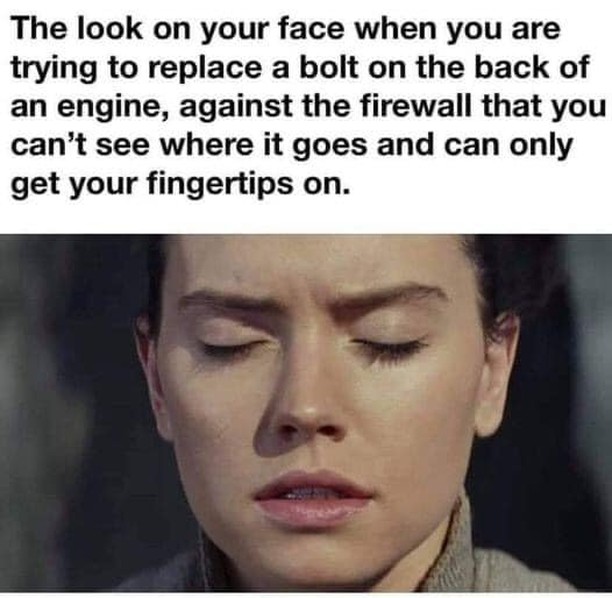 The look on your face when you are trying to replace a bolt on the back of an engine, against the firewall that you can't see where it goes and can only get your fingertips on.