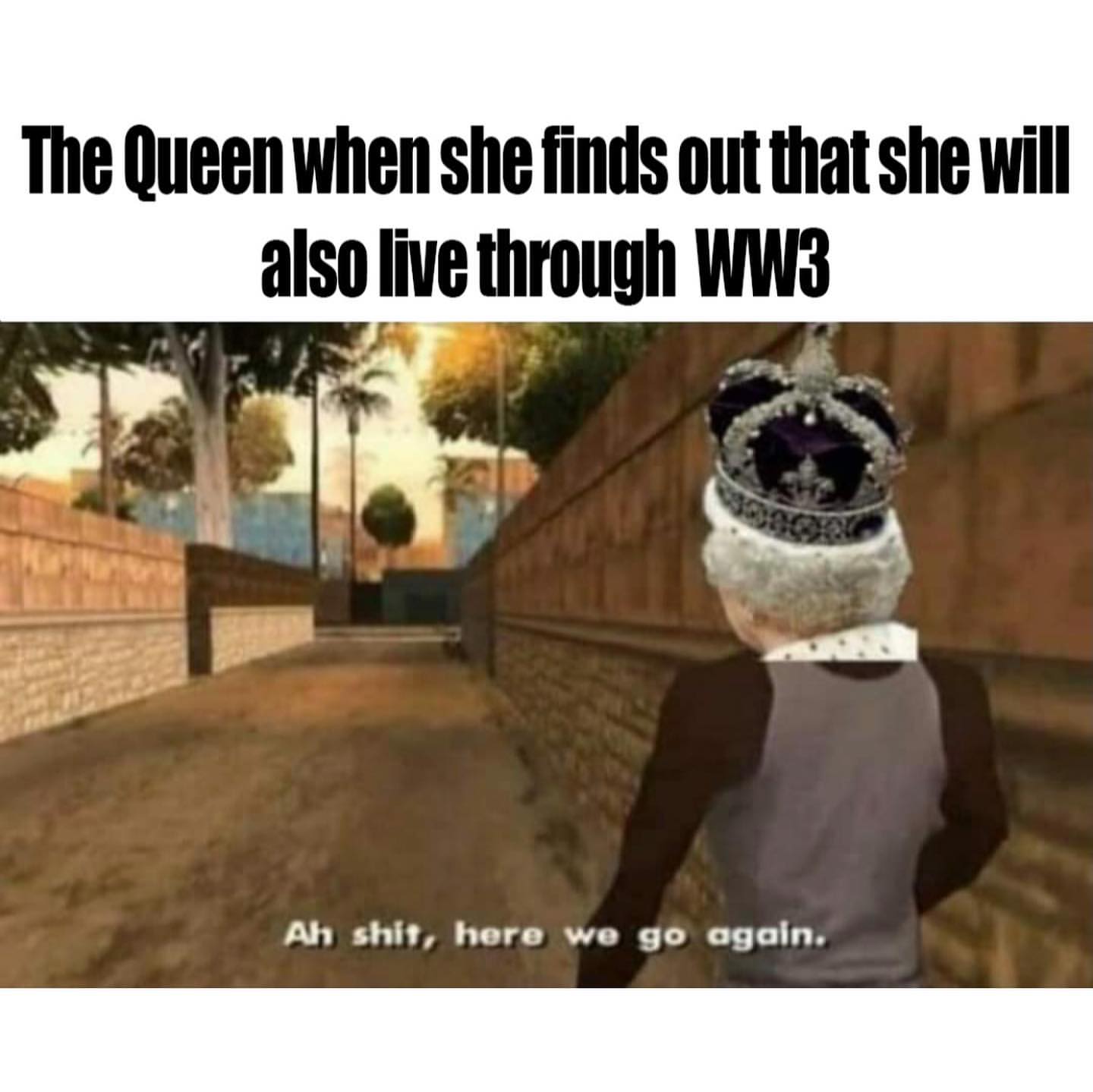 The Queen when she finds out that she will also live through WW3. Ah shit, hero we go again.