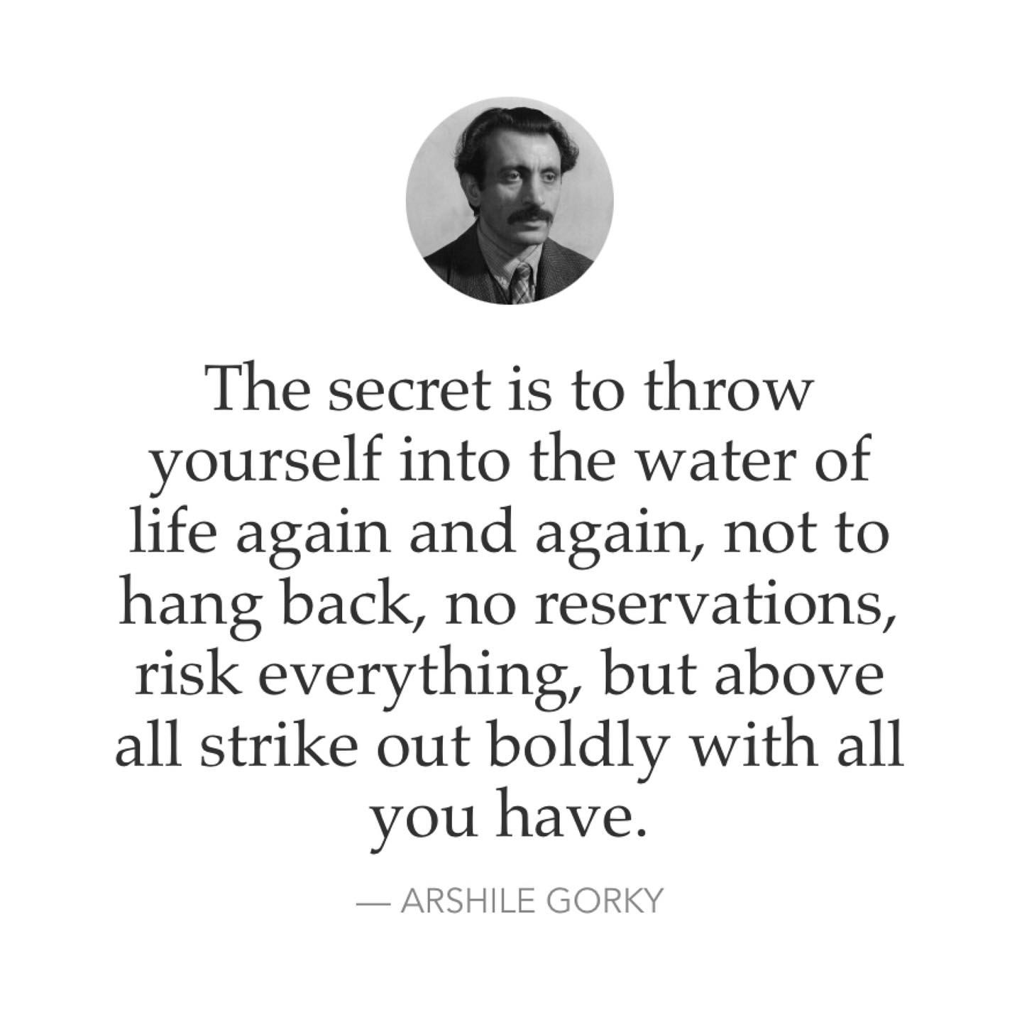 The secret is to throw yourself into the water of life again and again, not to hang back, no reservations, risk everything, but above all strike out boldly with all you have. ArshilE Gorky.