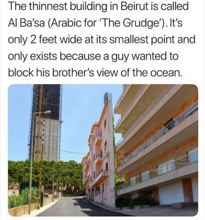 The thinnest building in Beirut is called Al Ba'sa (Arabic for 'The Grudge'). It's only 2 feet wide at its smallest point and only exists because a guy wanted to block his brother's view of the ocean.