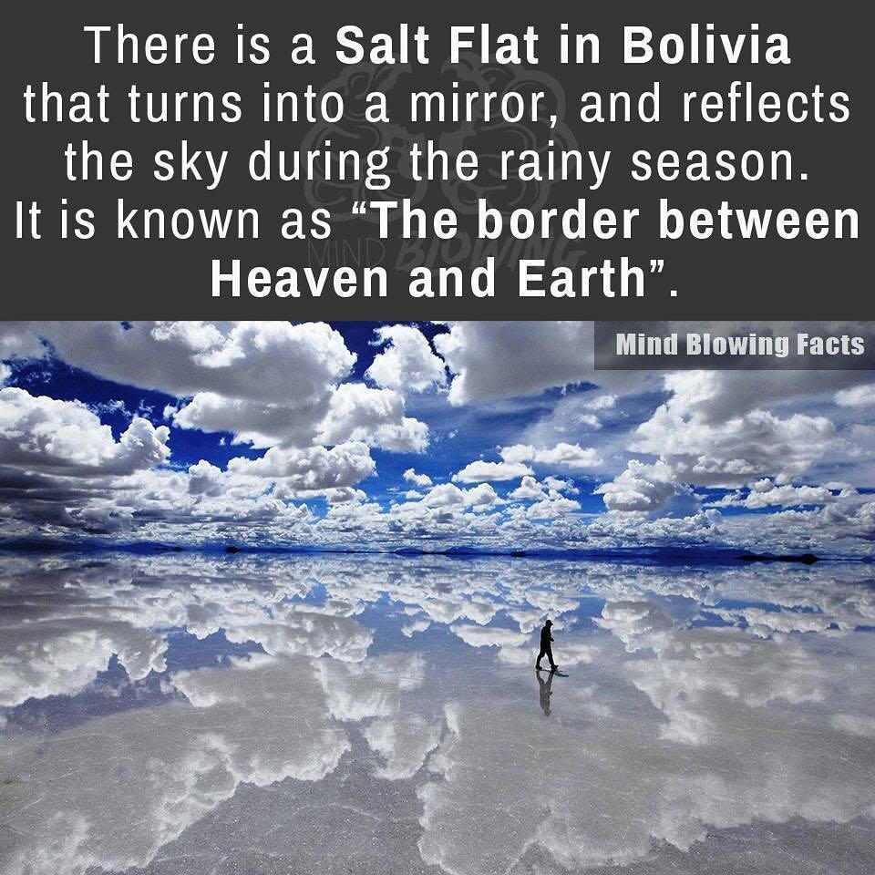 There is a Salt Flat in Bolivia that turns into a mirror, and reflects the sky during the rainy season. It is known as "The border between Heaven and Earth".