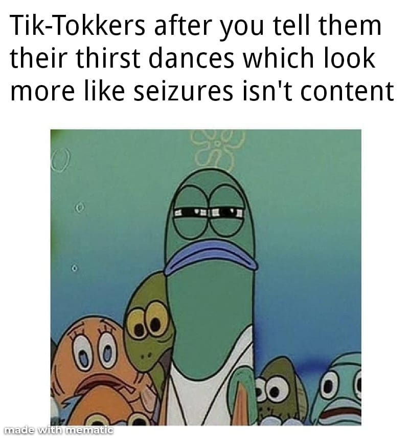 Tik-Tokkers after you tell them their thirst dances which look more like seizures isn't content.