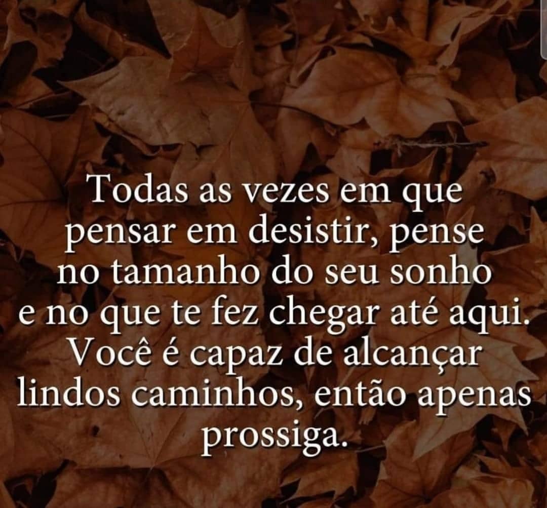 Todas as vezes em que pensar em desistir, pense no tamanho do seu sonho e no que te fez chegar até aqui. Você é capaz de alcançar lindos caminhos, então apenas prossiga.