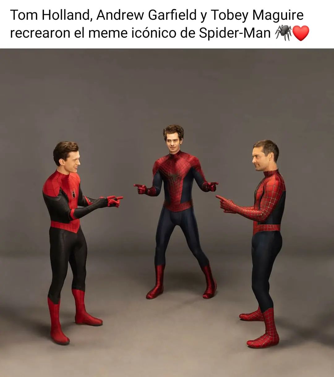 Tom Holland, Andrew Garfield y Tobey Maguire recrearon el meme icónico de Spider-Man.