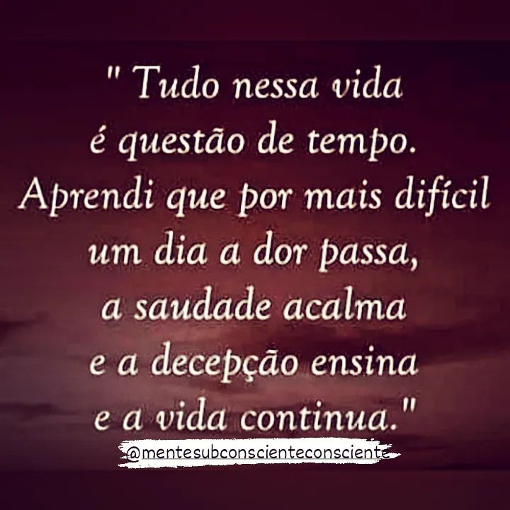 Tudo nessa vida é questão de tempo. Aprendi que por mais difícil um dia a dor passa, a saudade acalma e a decepção ensina e a vida continua.