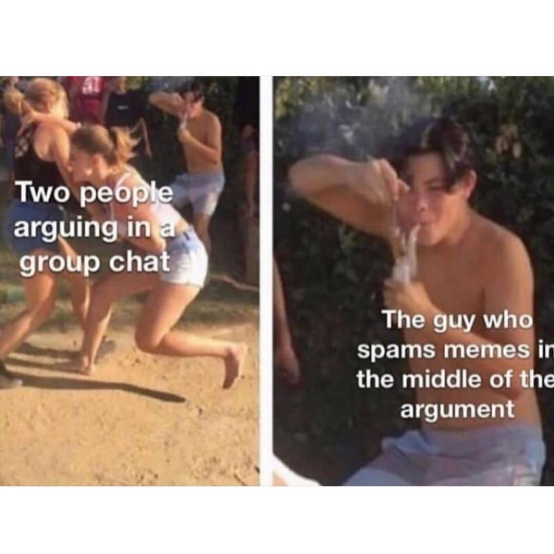Two people arguing in a group chat.  The guy who spams meme in the middle of the argument.