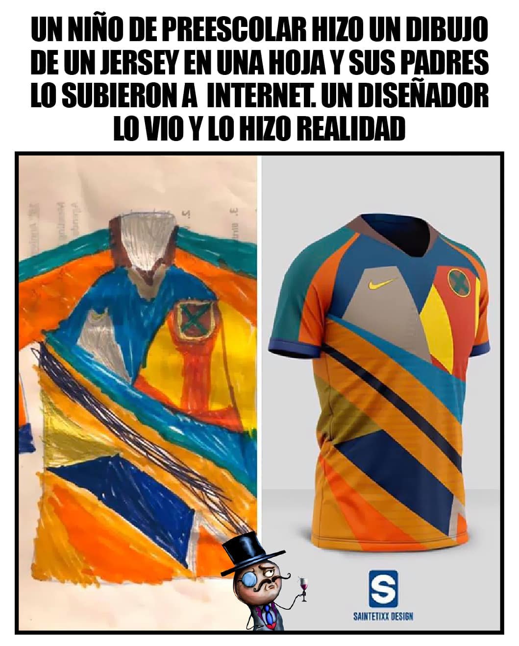 Un niño de preescolar hizo un dibujo de un jersey en una hoja y sus padres lo subieron a internet, un diseñador lo vio y lo hizo realidad.